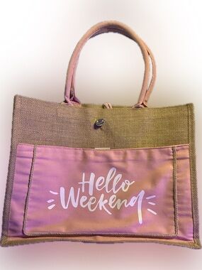 Source Unknown Pink Canvas Tote with 'Hello Weekend' Print